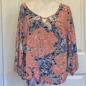 Cato Pink, Blue Floral Print Top w Silver Bead Embellishment, Split Bell Sleeves